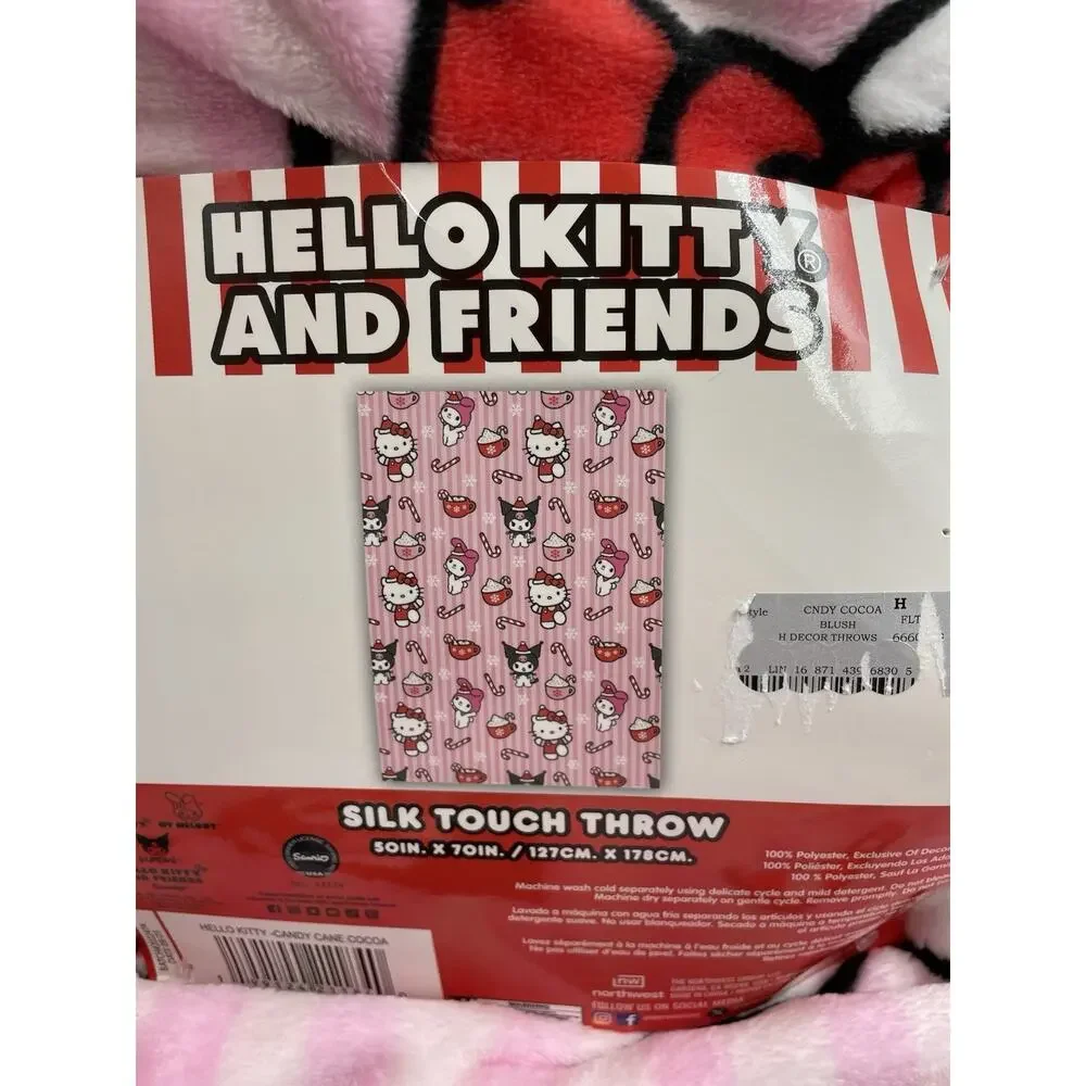 Hello Kitty Kuromi My Melody Pink Christmas Candy Cane & Cocoa Silk Touch Throw